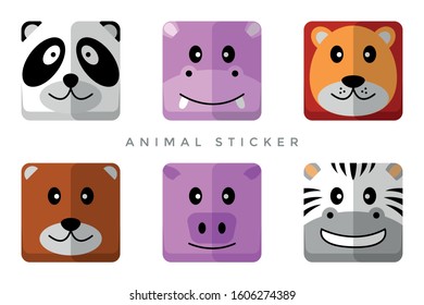 Cute Animal Icon Sticker Square. Panda, Hippopotamus, Lion, Bear, Pig, Zebra