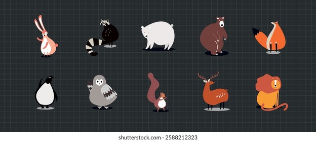 Cute animal icons on a grid background. Includes rabbit, raccoon, bear, fox, penguin, owl, squirrel, deer, and lion. Cartoon animals in a playful style. Animal illustrations, isolated vector set.
