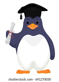 Cute Animal Illustration Featuring an Adorable Penguin Wearing a Graduation Cap and Holding a Rolled Up Diploma