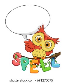 Cute Animal Illustration Featuring an Adorable Owl With a Speech Balloon Hovering Over its Head and the Word Spell Beneath It