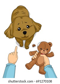 Cute Animal Illustration Featuring an Adorable Dog Pulling the Puppy Dog Eyes While Being Scolded for Ruining a Toy