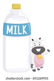 Cute Animal Illustration Featuring a Cow Smiling Happily While Standing Beside a Bottle of Milk