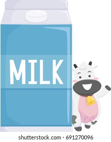 Cute Animal Illustration Featuring a Cow Smiling Happily as it Stands Beside a Giant Milk Carton