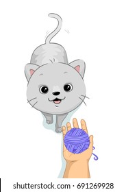 Cute Animal Illustration Featuring A Gray Cat Smiling Happily As His Owner Presents A Ball Of Yarn