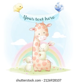 Cute animal illustration giraffe and little bunnies