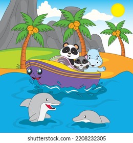 cute animal illustration, panda, raccoon and hippopotamus riding a fast boat in the sea with mountain and beach view, vector, eps10, editable