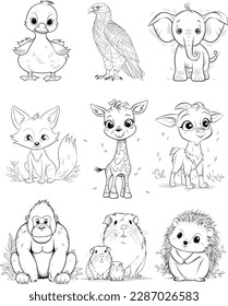 cute animal illustration set. vector line drawing.