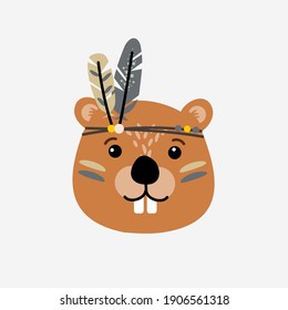 Cute animal illustration tribal, boho style - indian beaver vector