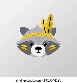 Cute Animal Illustration Tribal, Boho Style - Indian Racoon Vector