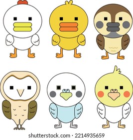 Cute animal illustrations include chickens, ducks, parrots, owls, sparrows, etc.