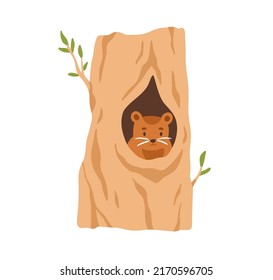 Un animal lindo dentro de un agujero de árbol. Bosque en refugio de bosques, hueco de troncos. Pequeño y adorable roedor de madera asomando fuera de casa. Ilustración vectorial plana aislada en fondo blanco