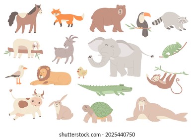 Cute animal isolated objects set. Collection of horse, fox, bear, toucan, raccoon, sloth, elephant, monkey and lion, rabbit, turtle, walrus. Vector illustration of design elements in flat cartoon