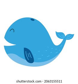 cute animal isolated in white cute animals with simple design, Vector illustration of a smiling blue whale, Blue cartoon.