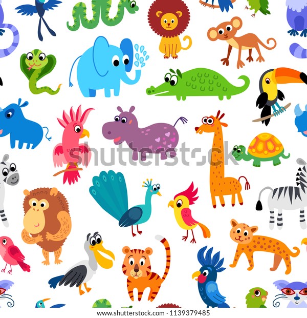 ジャングル柄のかわいい動物 子ども向けのイラスト 赤ちゃんの子どもの熱帯パラダイスデザイン かわいい 動物のキャラクターが猿 キリン 象 ワニ サイのシームレスな背景 のベクター画像素材 ロイヤリティフリー Shutterstock