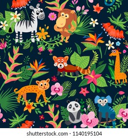 Animales cortos con tónica de selva. Imprimir hojas de palma tropicales de plantas exóticas de verano. Ilustraciones para niños. Diseño paraíso tropical para niños. Fondo de flores tropicales impecable.