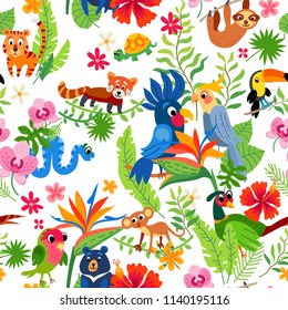 Cute animal in jungle pattern. Print summer exotic plant tropical palm leaves. Parrots and toucan sitting on branches. Seamless tropical flower pattern background.