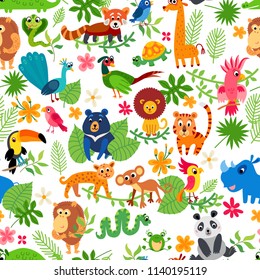 Cute animal in jungle pattern. Print summer exotic plant tropical palm leaves. Parrots and toucan sitting on branches. Seamless tropical flower pattern background.