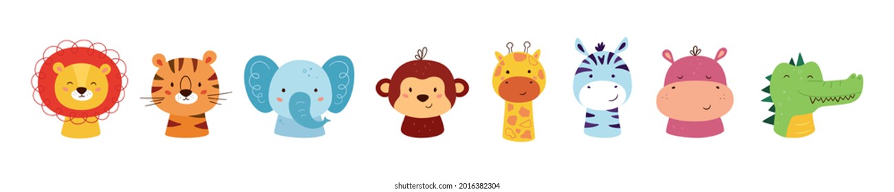 Cute animal kawaii characters. Funny lion, tiger, giraffe, elephant, monkey, hippo, zebra and crocodile. The faces of wild animals. Vector illustration isolated on white background.
