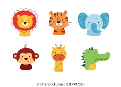 Cute animal kawaii characters  Funny lion  tiger  giraffe  elephant  monkey   crocodile  The faces wild animals  Vector illustration isolated white background 
