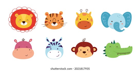 Cute animal kawaii characters. Funny lion, tiger, giraffe, elephant, monkey, hippo, zebra and crocodile. The faces of wild animals. Vector illustration isolated on white background.