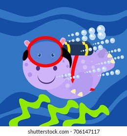 Cute animal for kid series. A hippo wearing a scuba tank and mask diving in the ocean