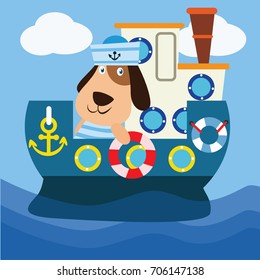 Cute animal for kid series. Sailor dog sailing in the ocean