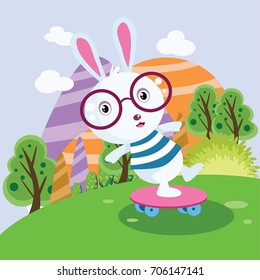 Cute Animal For Kid Series. Skate Boarder Rabbit In Action