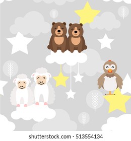 Cute animal kid vector seamless pattern with bear, chick, ewe lamb