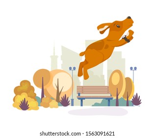 Cute animal kids. Flying dog on background autumn park vector illustration isolated.