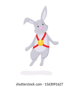 Cute animal kids. Flying rabbit with a badge on the chest character cartoon vector illustration isolated.