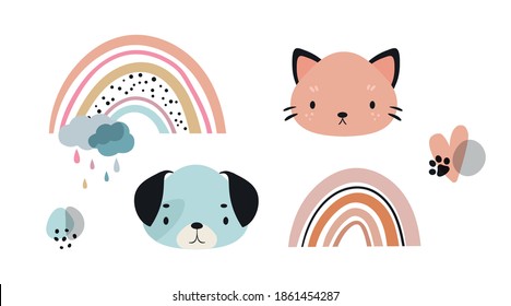 Cute animal for kids poster vector elements. Abstract rainbow, cat, dog cartoon vector illustration. Can use for posters, cards, t-shirts print, birthday invitation, interior design.
