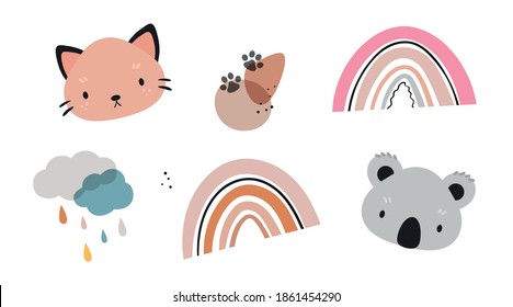 Cute animal for kids poster vector elements. Abstract rainbow, cat, koala cartoon vector illustration. Can use for posters, cards, t-shirts print, invitation, interior design.
