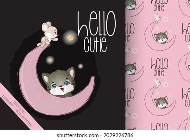 Cute animal kitten, mouse happy on the moon seamless pattern: can be used for cards, invitations, baby shower, posters; with white isolated background
