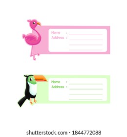 Cute animal label design flamingo and toucan character design isolated on white background