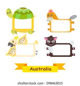 Cute animal labels. Frames with exotic australian animals:  turtle, platypus, parrot, tasmanian devil . Vector illustration.

