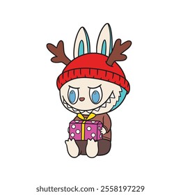 Cute Animal Labubu Christmas Gift. The Monsters Sticker and Keychain Vector