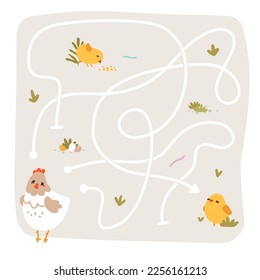 Cute animal labyrinth, find exit brain game, rebus, test activity, logic quest for preschool children. Chicken, baby bird, plants, eggs, greens. Kindergarten class, lesson, teaching, learning