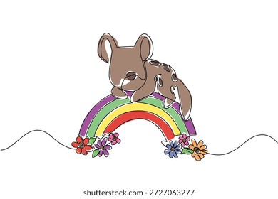 Nettes Tier, das sich auf dem Regenbogen niederlegt und eine verschlafene Hyäne im Linienziehstil zeigt. Das Design des Naturkonzepts zeigt das Wildtier, das sich zwischen den bunten Blumen entspannt.