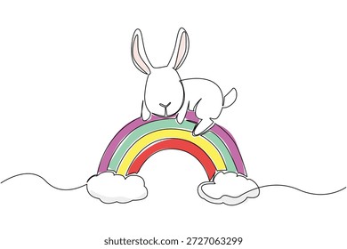 Cute animal laying down on the rainbow featuring a rabbit in continuous line drawing style. Nature concept design shows the wildlife creature relaxing above colorful clouds, ideal for nursery decor