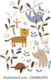 cute animal and leaf pattern vector 