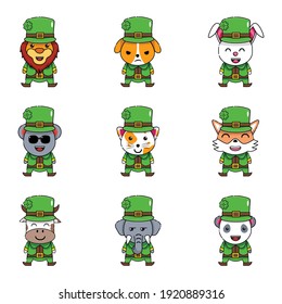 cute animal as leprechaun mascot character set bundle