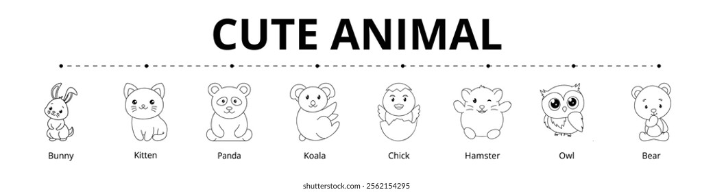 Cute Animal Line Banner Web Icon Set Vector Illustration