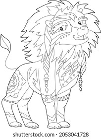 Cute animal lion. Doodle style, black and white background. Funny animal, coloring book pages. Hand drawn illustration in zentangle style for children and adults, tattoo.