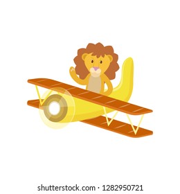 Cute cute animal lion flies on a funny plane.