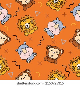 Cute Animal Lion Rhino and Monkey Seamless Pattern doodle for Kids and baby