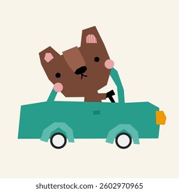 Cute animal lion riding transport car vector car funny print Scandinavian illustration. 