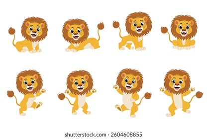 Cute animal lion set characters. Cute lion in various poses. Lion running, standing, jumping. Forest wild animals.