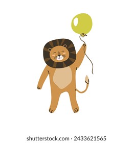 Cute animal lionwith ball clipart in scandinavian style. Vector illustration in flat style. Isolated vector icons of wild jungle cute lion, baby animal character. Can used for cards, background.