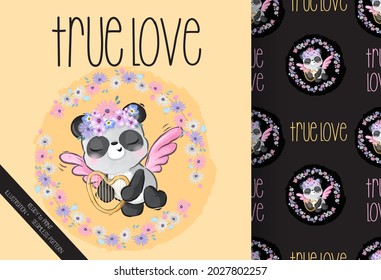 Cute animal little angel baby panda with seamless pattern: can be used for cards, invitations, baby shower, posters; with white isolated background
