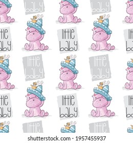 Cute animal little dragon with baby mouse seamless pattern